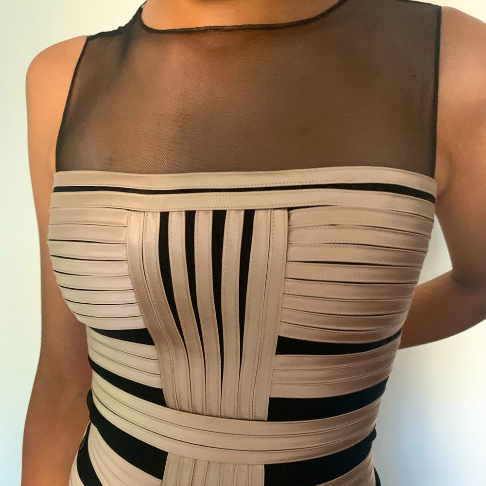 Champagne gold BCBG mini dress w/ black mesh under